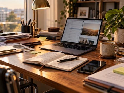 Healthcare leader’s desk with notebook, laptop, and coffee, illustrating the need to step away from constant urgency and create space to think clearly.