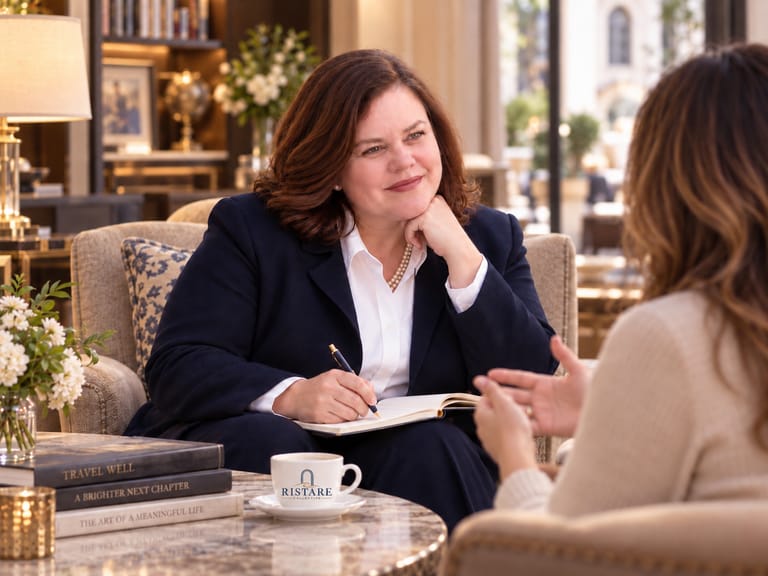 Nicole coaching a client in a hotel lounge