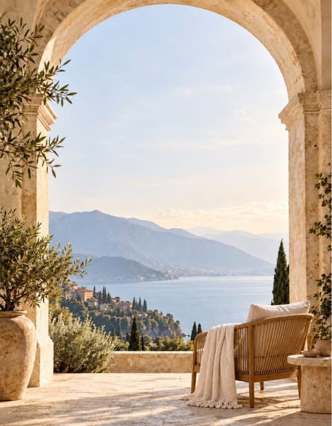 Sunlit stone archway framing a peaceful lake and mountain landscape, with a woven chair overlooking the water
